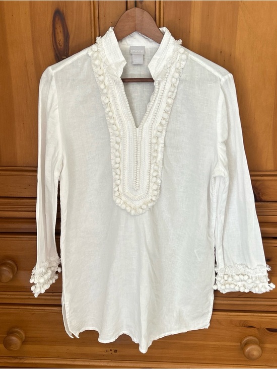 Chico’s White Linen Blend Embellished Kurta Tunic Top Pom Pom Trim Size 1 (M) - Picture 2 of 11